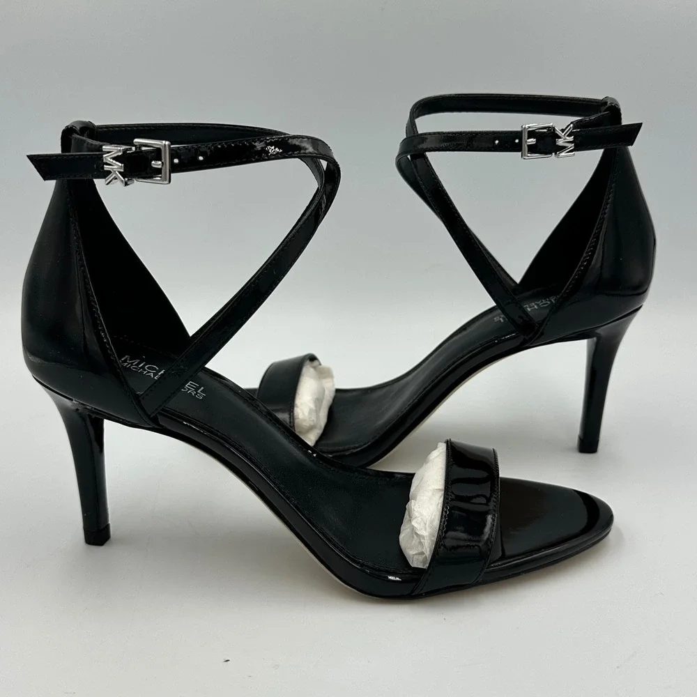 Michael Kors Ava Mid Sandal wmns 6 Black Patent Leather Stiletto Heel Sleek Chic